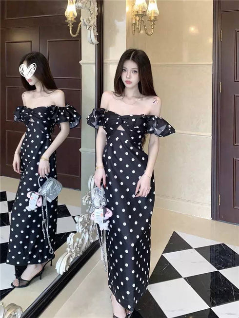 Polka Dot Double Removal Straps Hollow Out Maxi Dress